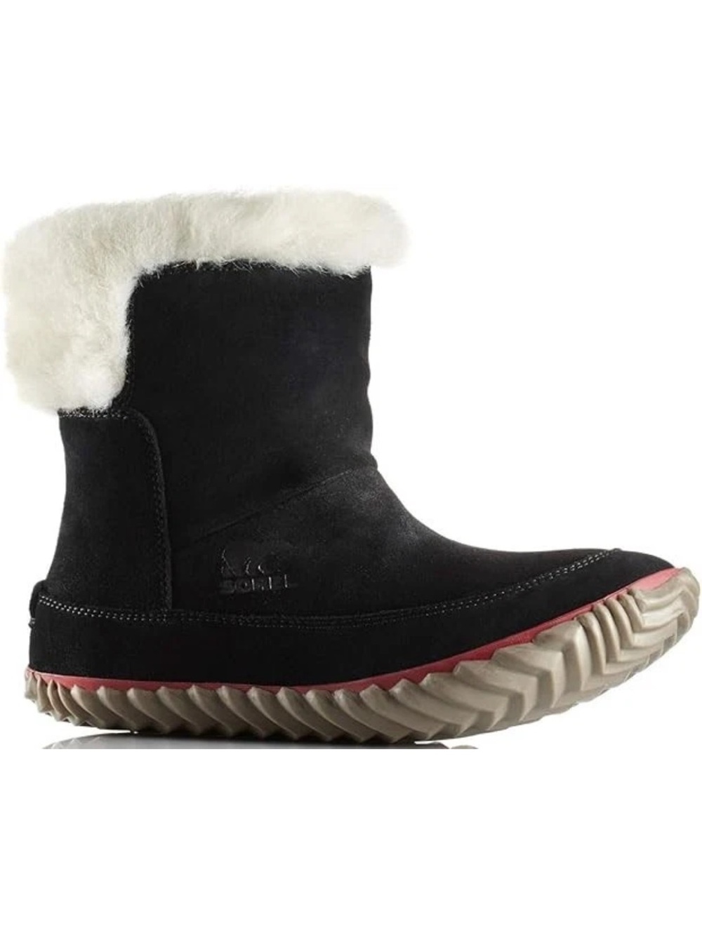 Sorel Black Suede Winter Boot with White Shearling Cuff and Red Accent